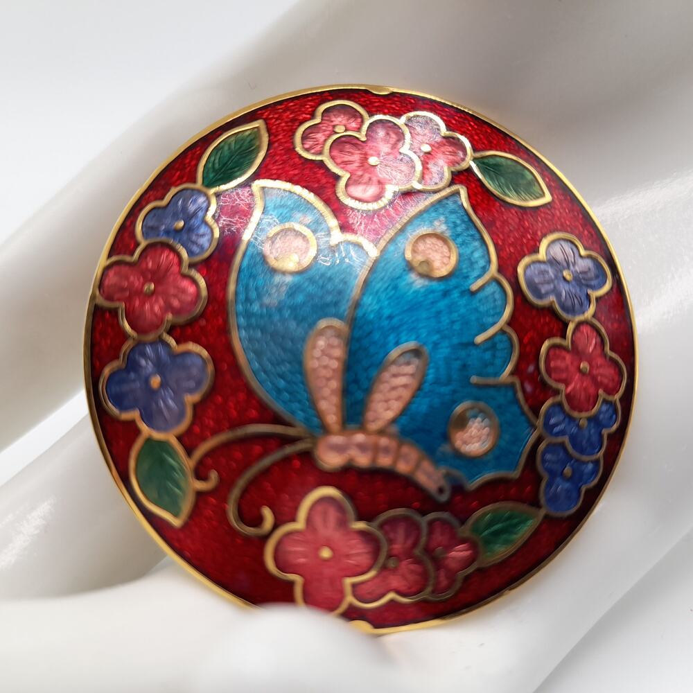 Vintage Cloisonne Butterfly Enamel Brooch, 1960s Jewelry, Brass, 1 3/4"